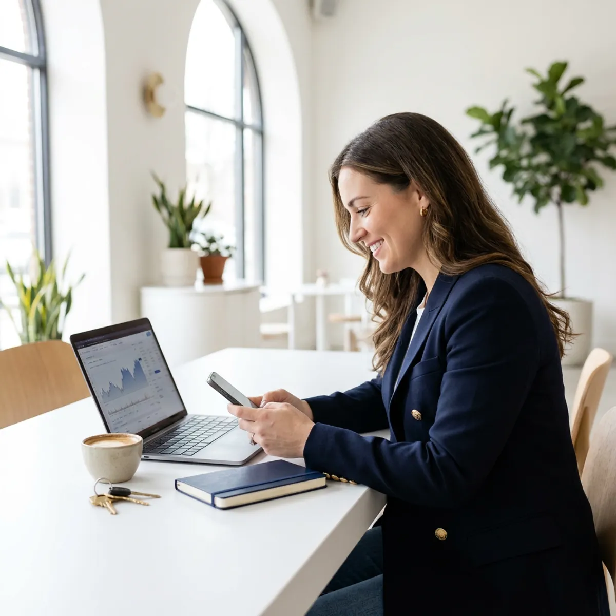 Freelance gig worker reviewing earnings on a phone and laptop at a bright cafe table